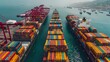 Drones eye view: Seaports vibrant container stacks, massive shipping cranes, and busy cargo ships