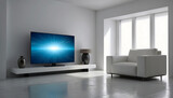 Fototapeta  - 3d TV in the white room. tv hanging on wall. room concept. 