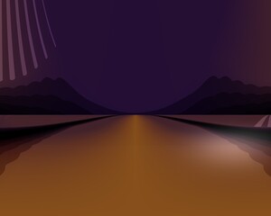 Dark purple and glowing brown abstract background, dark purple sky, mountain and road view at night 