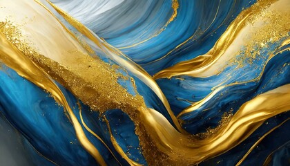 Wall Mural - blue and yellow paint, abstract watercolor painting, Digital abstract liquid background with gold and blue paint splashes.