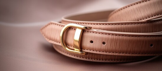 A macro photography shot of a brown leather belt with a gold buckle, a stylish fashion accessory perfect for any event. The intricate metal details and electric blue hues make it a standout piece