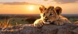 A Felidae cub, a Carnivore and terrestrial animal, with whiskers and a snout, is resting on a rock at sunset, under a colorful sky with clouds, showcasing the beautiful landscape