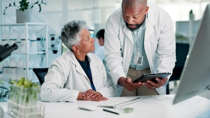 Wall Mural - teamwork, people and help with tablet, science and biotech with innovation,, medical and research. o