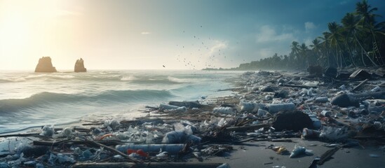 Wall Mural - The litter on the beach near the ocean is a stark contrast against the beautiful landscape of the sky, water, and clouds. The wind carries debris into the atmosphere, affecting the city horizon