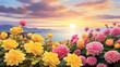 Beautiful flowers with sea and sky background at sunset