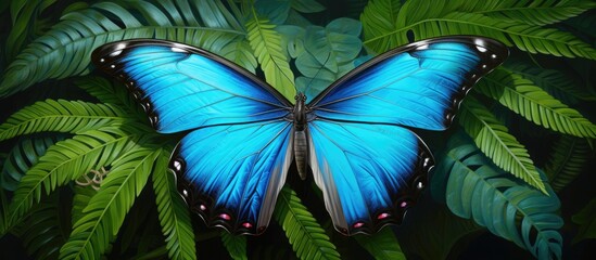 Sticker - An electric blue butterfly, a pollinator and arthropod, rests on a green leaf. This azure insect is part of the beautiful world of moths and butterflies, enhancing the green landscape