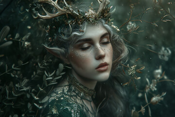 Wall Mural - magic forest nymph or fairy with big horns on her head. beautiful and mysterious spirit. fantasy cre