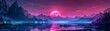 beautiful moon with retro neon style mountains with a big lake