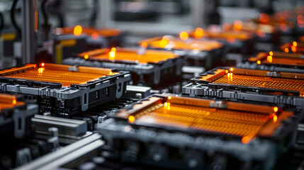 Wall Mural - mass production assembly line of electric vehicle battery cells close-up view