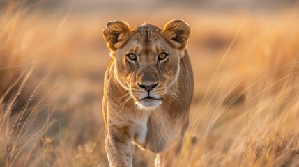 Canvas Print - A lion walking through tall grass in the wild. Generative AI.