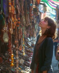 Wall Mural - A woman looking up at a display of necklaces and bracelets. Generative AI.