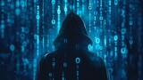 Fototapeta Konie - A digital icon of a hacker wearing a hoodie with binary code in the background displayed on a computer screen symbolizing cybersecurity threats