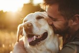 Fototapeta Zwierzęta - Adorable moment between a happy dog and a loving owner, Love and friendship
