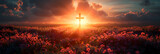 Fototapeta  - Christian Religious Easter Background God Raised,
Cross at sunset in a field christian worship concept
