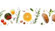 Various raw vegetables, herbs, and spices arranged on a white background with copy space, ideal for culinary themes