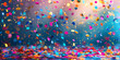 papers confetti of different falling in the bright blue sky Festive event and party ultra realistic over gradient blue and pink background for party or carnival usage, Elements Fun Card.