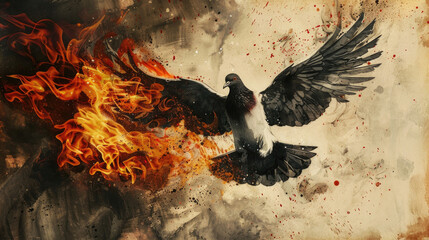 Wall Mural - Holy spirit, Dove in flames. Dove flying in the air with fire on the background.