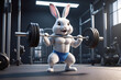 A cute bunny at gym. Easter bunny working out with weights. Fitness bunny. 
