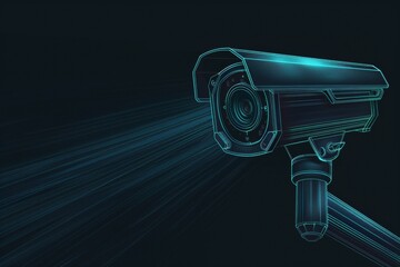 A computer generated image of a security camera with a blue light