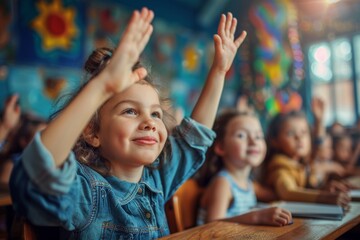 Wall Mural - A young girl is sitting at a desk in a classroom with other children
