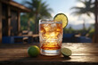 An inviting glass of iced whiskey adorned with a lime wedge, set on a rustic wooden table at golden hour