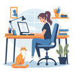 © PloyA - A cozy home office scene with a person working, focused on their computer, surrounded by plants, books, and a ginger cat.