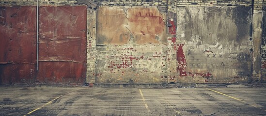 Sticker - An empty room with a brick wall, red door, and hardwood flooring. The brickwork forms a rectangular pattern on the facade of the building