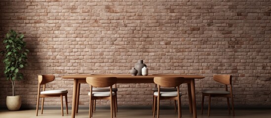 A dining room with brown wooden furniture, including a table and chairs, set in front of a brick wall with a window. The floor features brickwork flooring