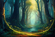 Surreal fantasy land. Large enchanted forest, magical fairy tale scenery. Abstract digital painting. 