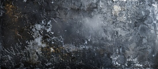 Wall Mural - A close up of a frozen window showcasing the grey monochrome photography with a dark background. The natural landscape includes freezing grass, plants, forest, soil, and mist
