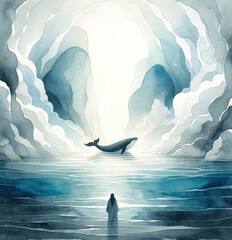 Wall Mural - Jonah and the Whale. Watercolor illustration of a whale swimming in the ocean and a man on the shore. Watercolor digital painting.