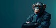 A chimpanzee dressed in a stylish suit exudes charisma and elegance. Concept Wildlife Photography, Chimpanzee Portrait, Stylish Outfit, Expressive Animals, Elegance in Nature