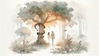 © Faith Stock - Adam and Eve in the garden of Eden. Digital illustration. Man and woman in a beautiful garden with a snake on a tree.