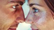 © PaulShlykov - Romantic lovers. Happy young family couple smiling leaning heads close to one another whispering tender sincere confessions. Close up side shot of enamored boyfriend girlfriend faces with closed eyes