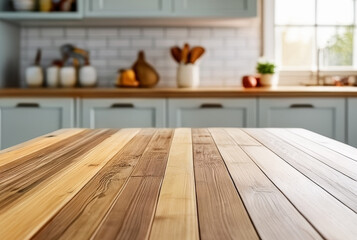 Wall Mural - Wooden table in front of blurred kitchen background. Mock up, 3D Rendering