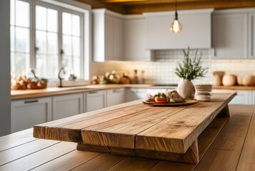 Wall Mural - Wooden table in front of blurred kitchen background. Mock up, 3D Rendering