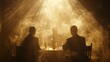 A secretive mafia meeting in a dimly lit room figures shrouded in smoke