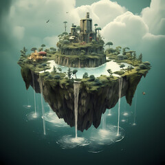 Wall Mural - Surreal scene of a floating island with a waterfall