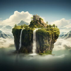 Sticker - Surreal scene of a floating island with a waterfall