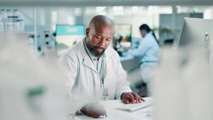 Poster - Science, writing and black man with leaves, computer for research and report on medical engineering. Biotech, botany and plants, scientist or lab technician with notes for online review in agro study