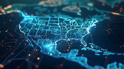 Wall Mural - digital map of usa, concept of north america global network and connectivity, data transfer and cybe