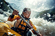 A young beautiful woman in a raft swiftly navigating through a turbulent mountain river