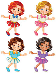 Sticker - Four cartoon girls with different hairstyles dancing.