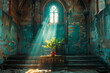 Amidst the solemn quiet of an abandoned church a beam of sunlight nourishes a small plant growing on the altar spiritual rebirth mirrored in nature