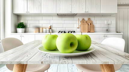 Wall Mural - Fresh Green Apples on Kitchen Table, Bright and Healthy Food Concept, Modern Home Interior with Natural Light and Design