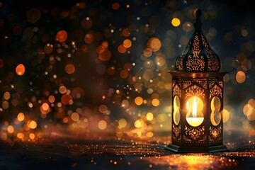 Wall Mural - rnamental Arabic lantern with burning candle glowing at night and glittering golden bokeh lights. Festive greeting card, invitation for Muslim holy month Ramadan Kareem. Dark background