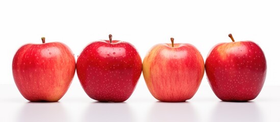 Sticker - Four red apples, a seedless fruit, are arranged in a row on a white surface. Apples are natural foods and a staple food, known for their superfood properties and high water content