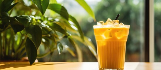 Sticker - An icecold glass of freshly squeezed orange juice sits on the table, garnished with ice cubes and a straw. The refreshing liquid is the perfect drink for a hot day