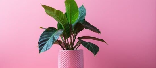 Canvas Print - A houseplant in a purple flowerpot sits in a pink vase on a pink background. The terrestrial plant resembles a palm tree with violet leaves