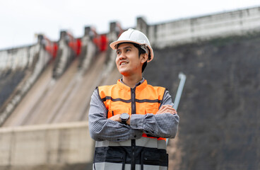 Wall Mural - Professional asian maintenance engineer man with safety helmet in construction site dam with hydroelectric power plant and irrigation. Manager engineer man working at project big building.